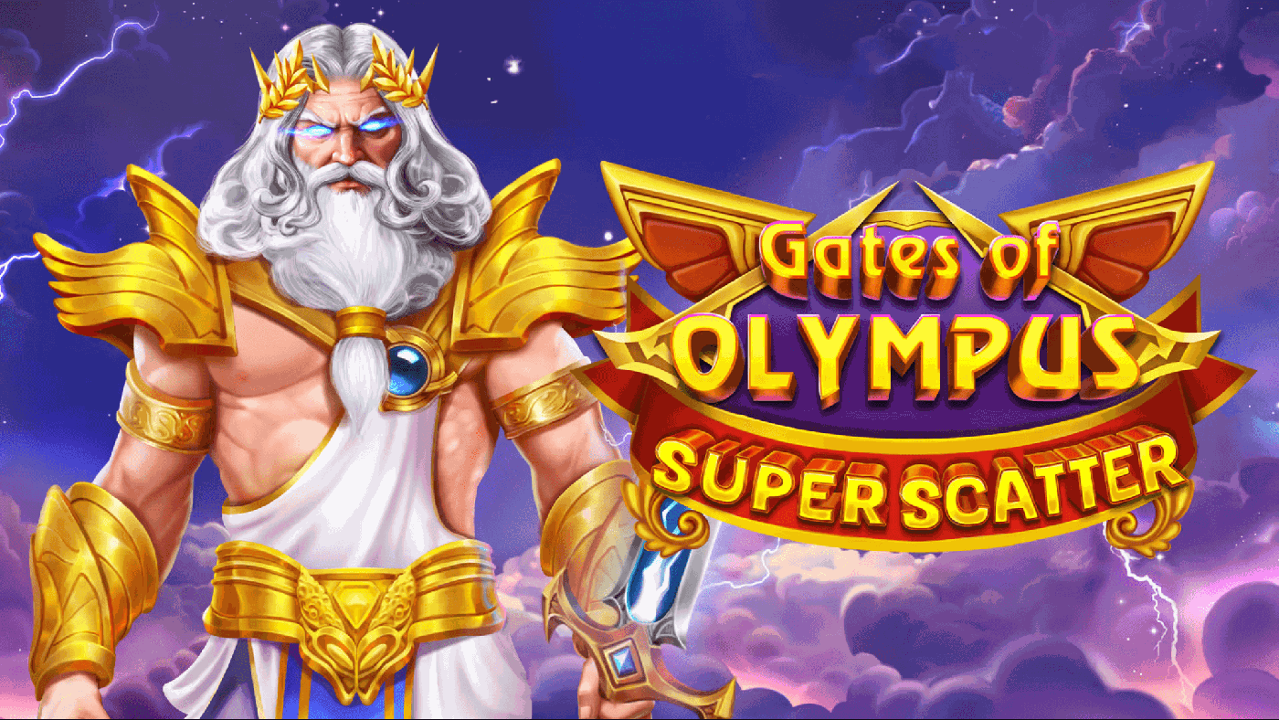 Zeus thront ueber dem Olymp zwischen violetten Kristallen und goldenen Wolken, im Hintergrund das 6x5-Walzenfeld von Gates of Olympus Super Scatter mit Scatter-Symbol